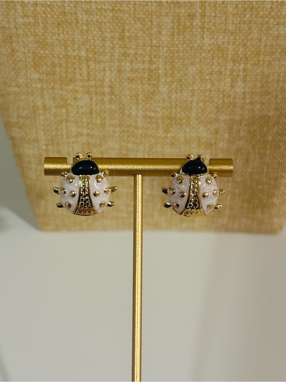Fashion Jewelry Gold-Tone Black & Pearl Ladybug Stud Earrings